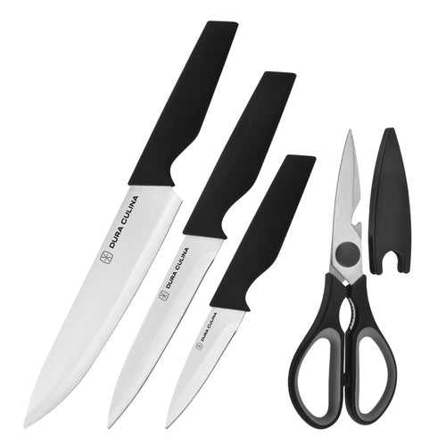 4-Piece Knife Set - High Carbon Stainless Steel Kitchen Knives with Ergonomic Handles, Matching Blade Guards, Multi-Purpose Shears-0